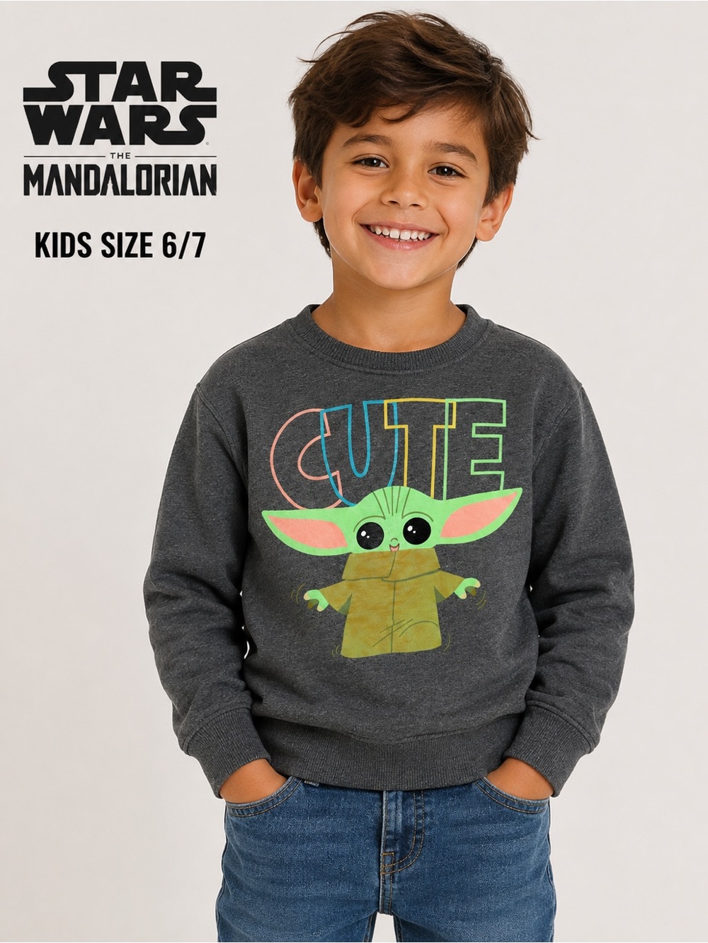 Star Wars The Mandalorian Grogu Baby Yoda “CUTE” Gray Sweatshirt Kids